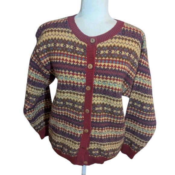 Wool Made In Scotland Old Money Tan/Burgundy Patterned Cardigan Sz S - Picture 5 of 11